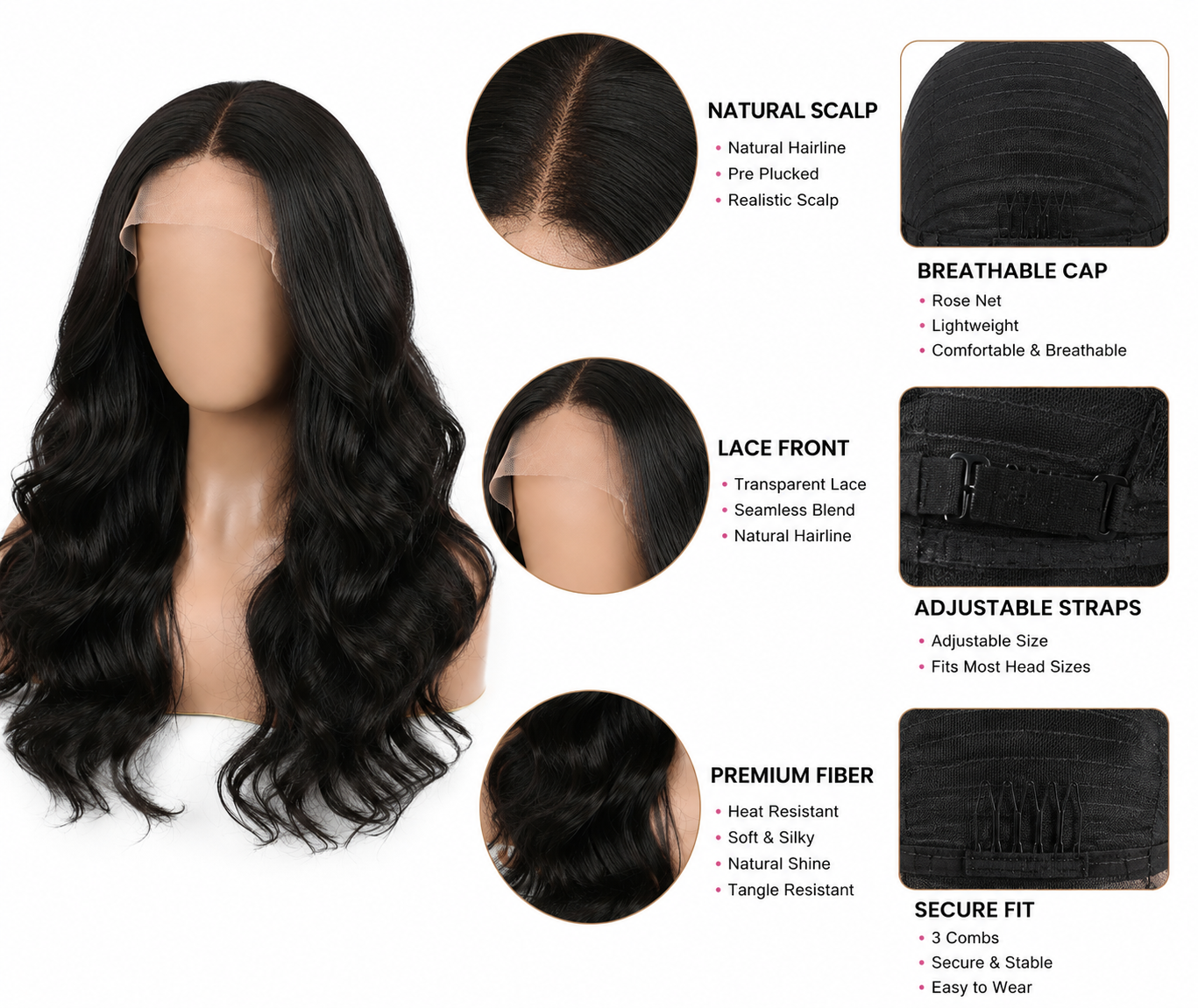 22-Inch Long Wavy Lace Front Wig for Women – Natural Black Synthetic Fiber Heat Resistant Middle Part Glueless Wig with Soft Body Waves for Daily Wear