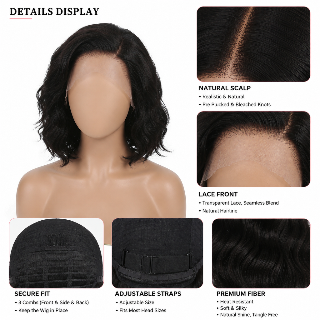Short Black Wavy Bob Lace Front Wig – Synthetic Fiber, Pre-Plucked Hairline, Glueless Cap