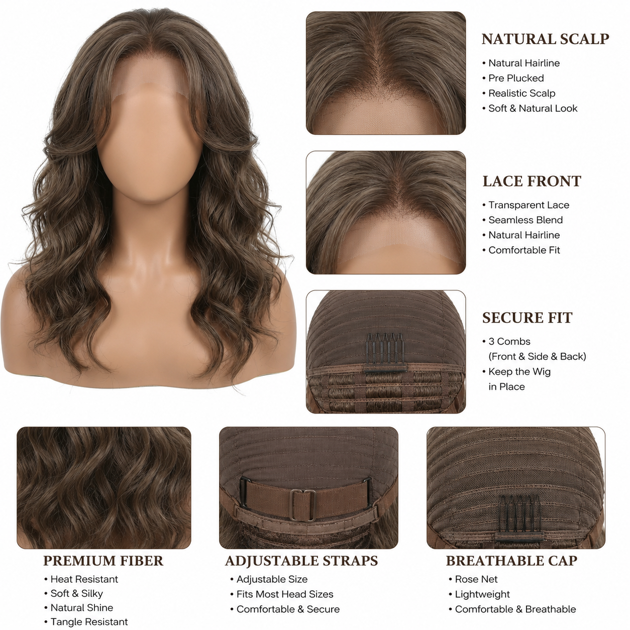 Medium Length Ash Brown Wavy Lace Front Wig – Synthetic Fiber, Pre-Plucked Hairline, Glueless Cap