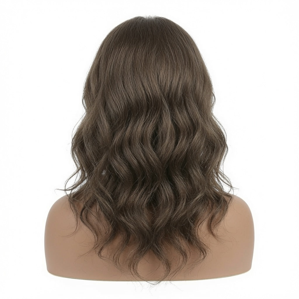 Medium Length Ash Brown Wavy Lace Front Wig – Synthetic Fiber, Pre-Plucked Hairline, Glueless Cap
