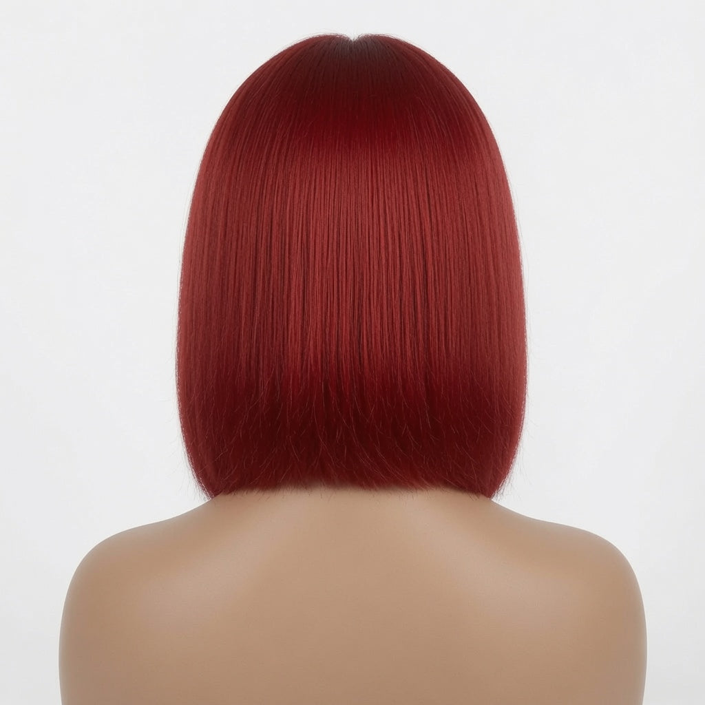 Short Red Straight Bob Lace Front Wig with Blunt Bangs – Human Hair, Pre-Plucked Hairline, Glueless Cap