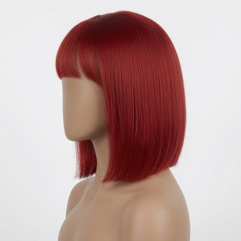 Short Red Straight Bob Lace Front Wig with Blunt Bangs – Human Hair, Pre-Plucked Hairline, Glueless Cap