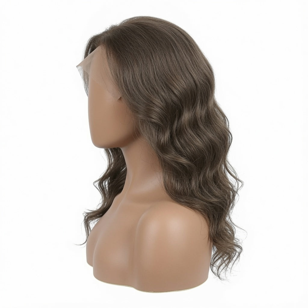 Medium Length Ash Brown Wavy Lace Front Wig – Synthetic Fiber, Pre-Plucked Hairline, Glueless Cap