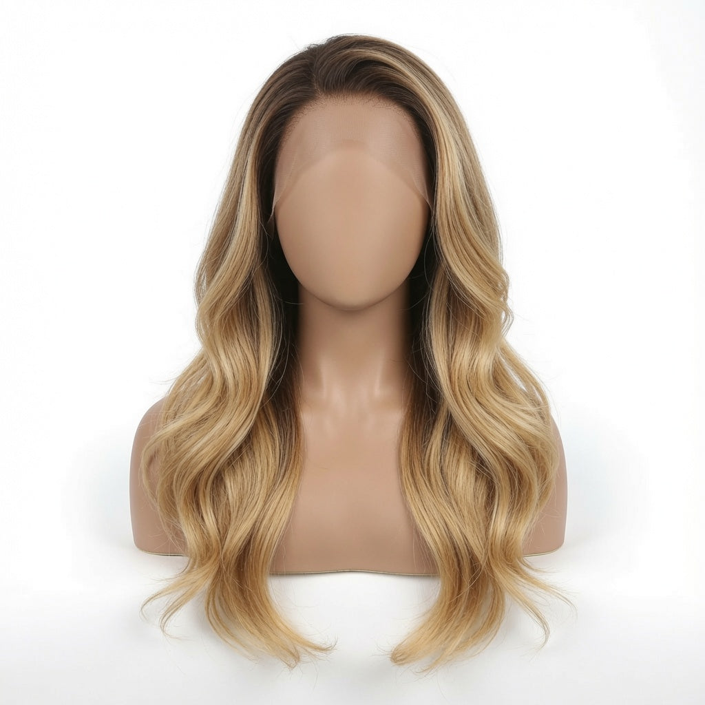 24 Inch Balayage Ombre Wavy Lace Front Wig – Human Hair, Pre-Plucked Hairline, Glueless Cap