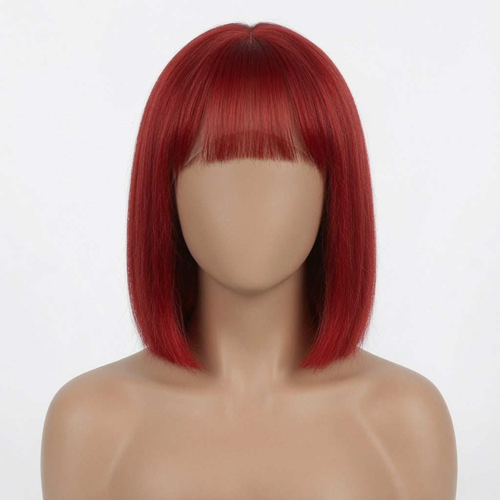 Short Red Straight Bob Lace Front Wig with Blunt Bangs – Human Hair, Pre-Plucked Hairline, Glueless Cap