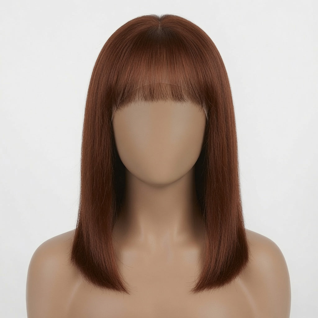 Shoulder Length Dark Brown Straight Lace Front Wig with Blunt Bangs – Human Hair, Pre-Plucked Hairline, Glueless Cap