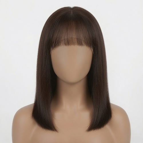 16 Inch Dark Brown Straight Wig with Blunt Bangs | Human Hair | Glueless Cap