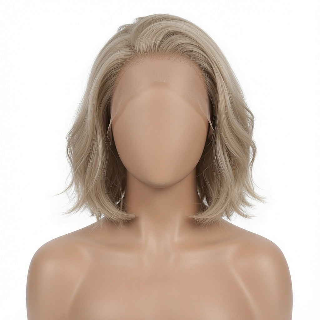 Short Ash Blonde Wavy Bob Lace Front Wig – Human Hair, Pre-Plucked Hairline, Glueless Cap