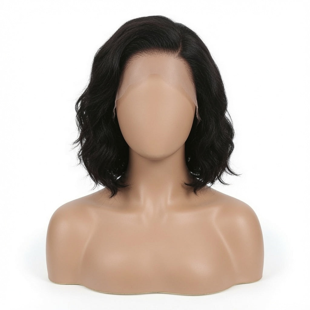 Short Black Wavy Bob Lace Front Wig – Synthetic Fiber, Pre-Plucked Hairline, Glueless Cap