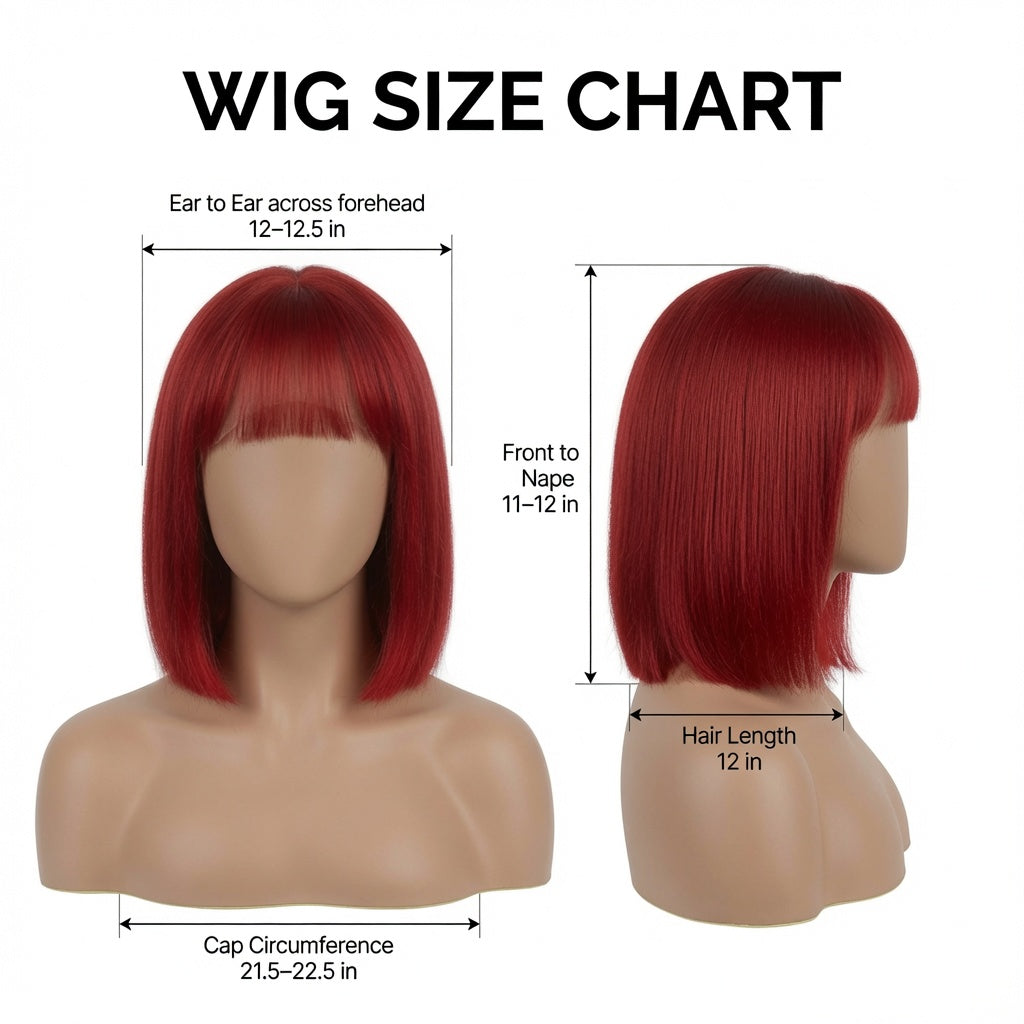 Short Red Straight Bob Lace Front Wig with Blunt Bangs – Human Hair, Pre-Plucked Hairline, Glueless Cap