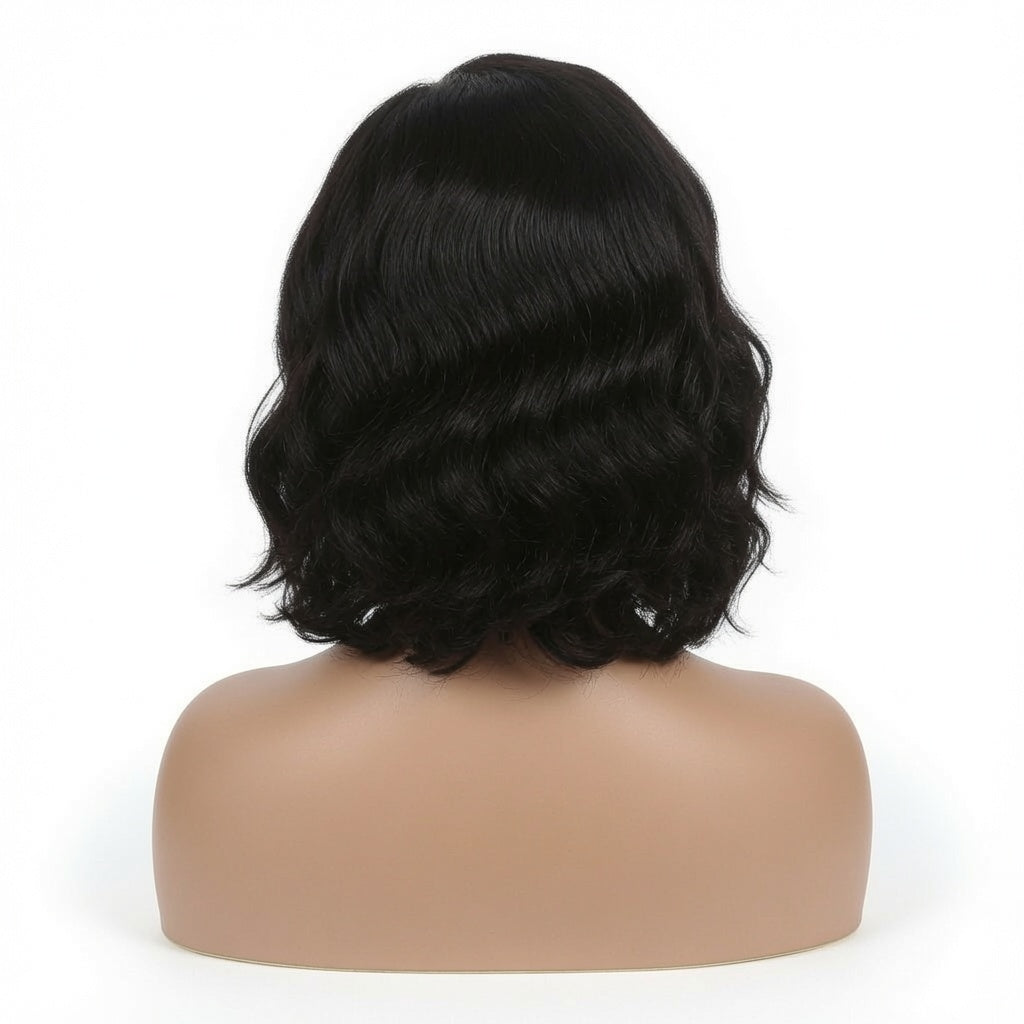 Short Black Wavy Bob Lace Front Wig – Synthetic Fiber, Pre-Plucked Hairline, Glueless Cap