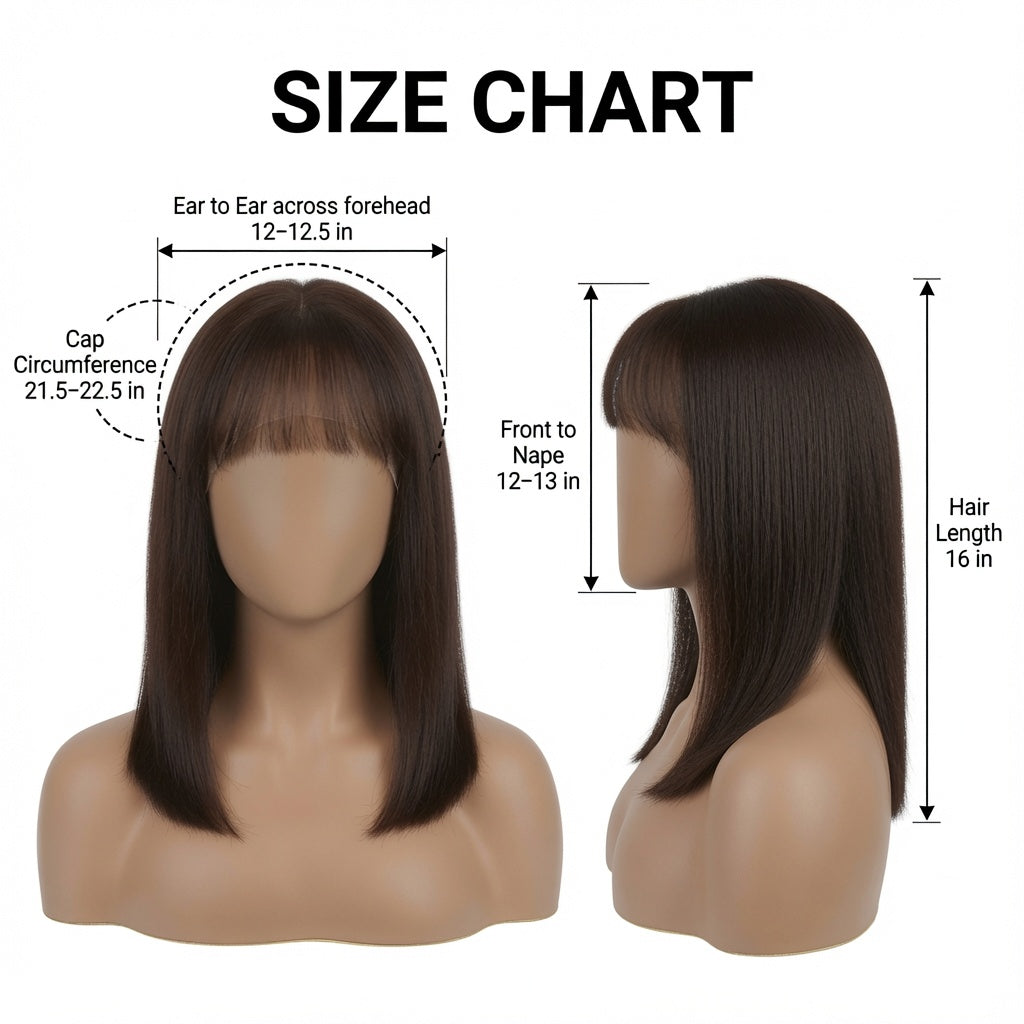 Shoulder Length Dark Brown Straight Lace Front Wig with Blunt Bangs – Human Hair, Pre-Plucked Hairline, Glueless Cap